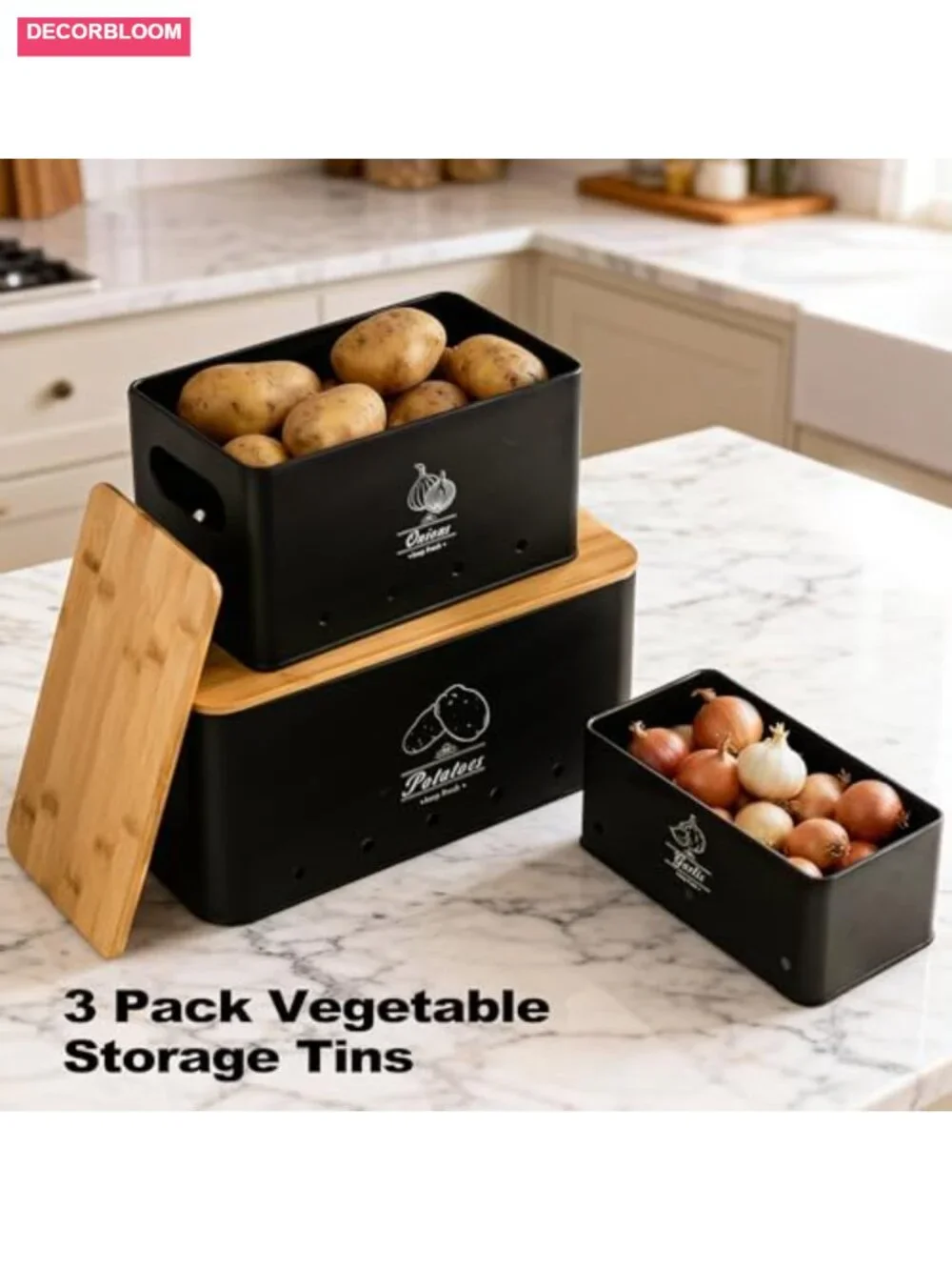 Potato Onion Garlic Storage Bin Set of 3, Black Metal Canisters with Bamboo